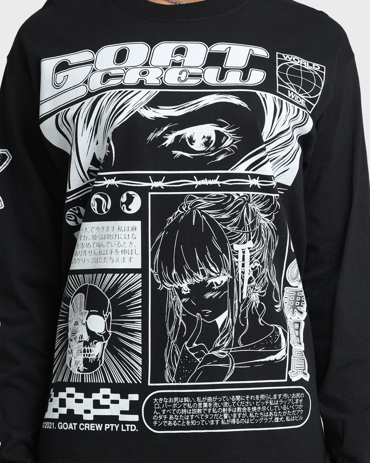 Embroidered Details Soft Comfort Wear Goat Crew Harajuku Long Sleeve T-Shirt Black