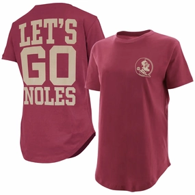 Breathable Material Pressbox Women's Seminole Logo/Let's Go Noles Design Round Bottom Short Sleeve T-shirt - Garnet