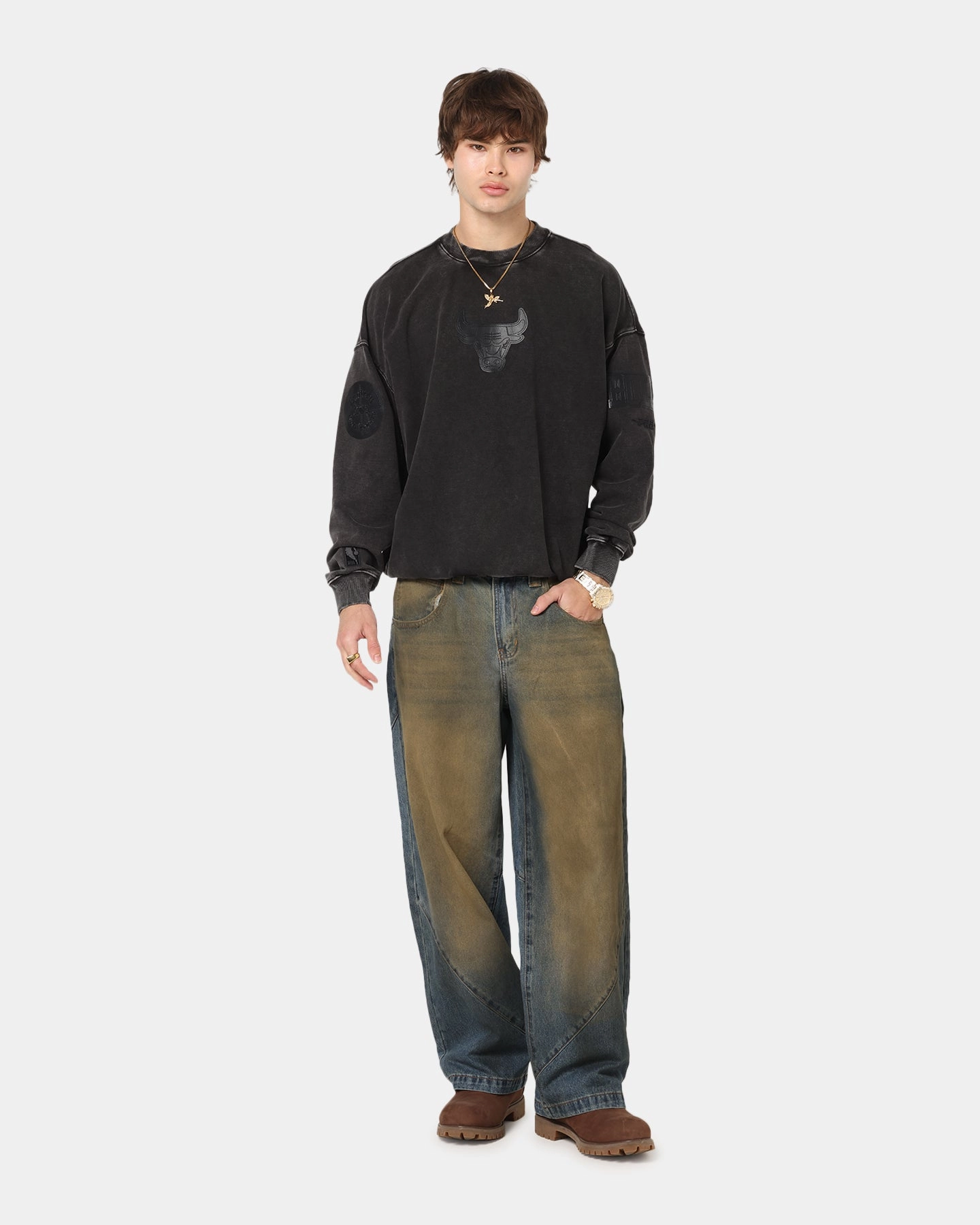 Elastic Hem Adjustment Pro Standard Chicago Bulls 'Wash Vanguard' Fleece Crewneck Washed Black
