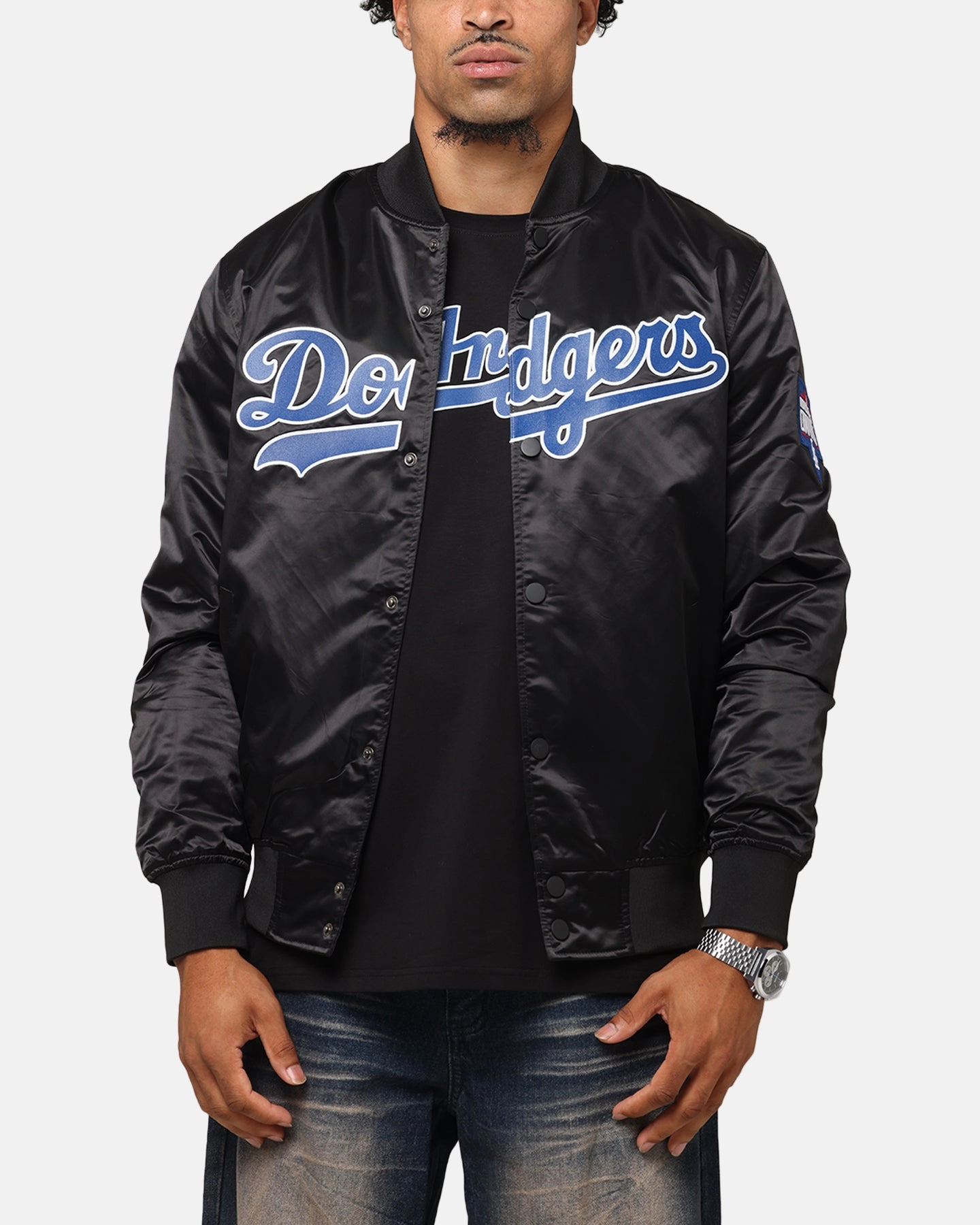 Pro Standard Los Angeles Dodgers Big Logo Satin Jacket Black windproof Fashionable Outerwear