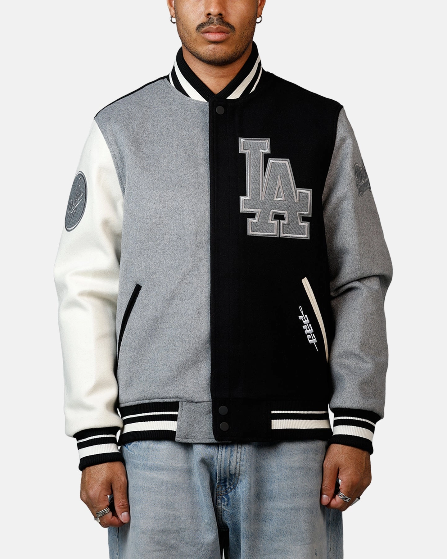 Pro Standard Los Angeles Dodgers Reverse French Terry Wool Varsity Jacket Black/Grey Dirt Repellent Surface
