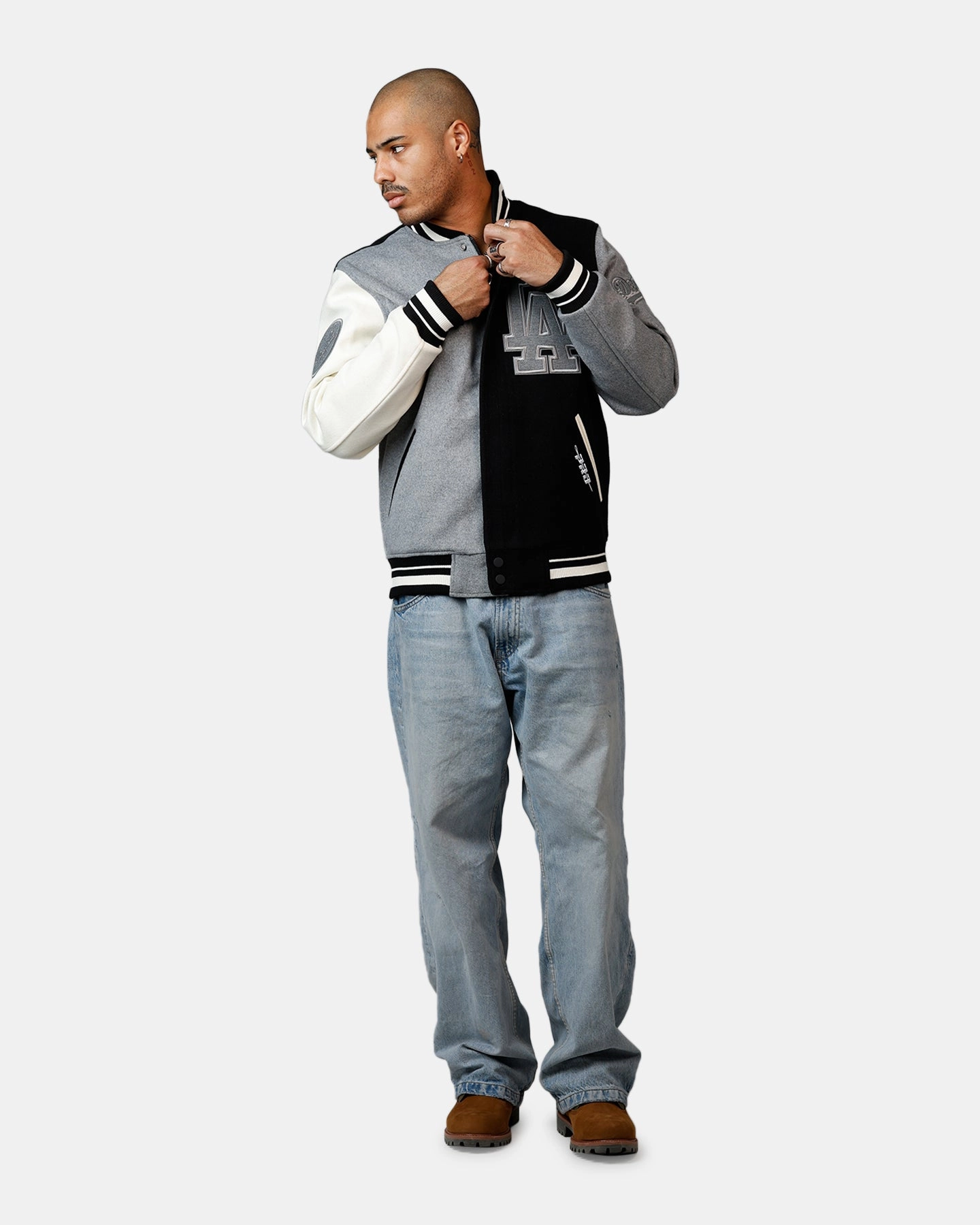 Pro Standard Los Angeles Dodgers Reverse French Terry Wool Varsity Jacket Black/Grey Temperature Regulating Fabric Double Stitched Seams