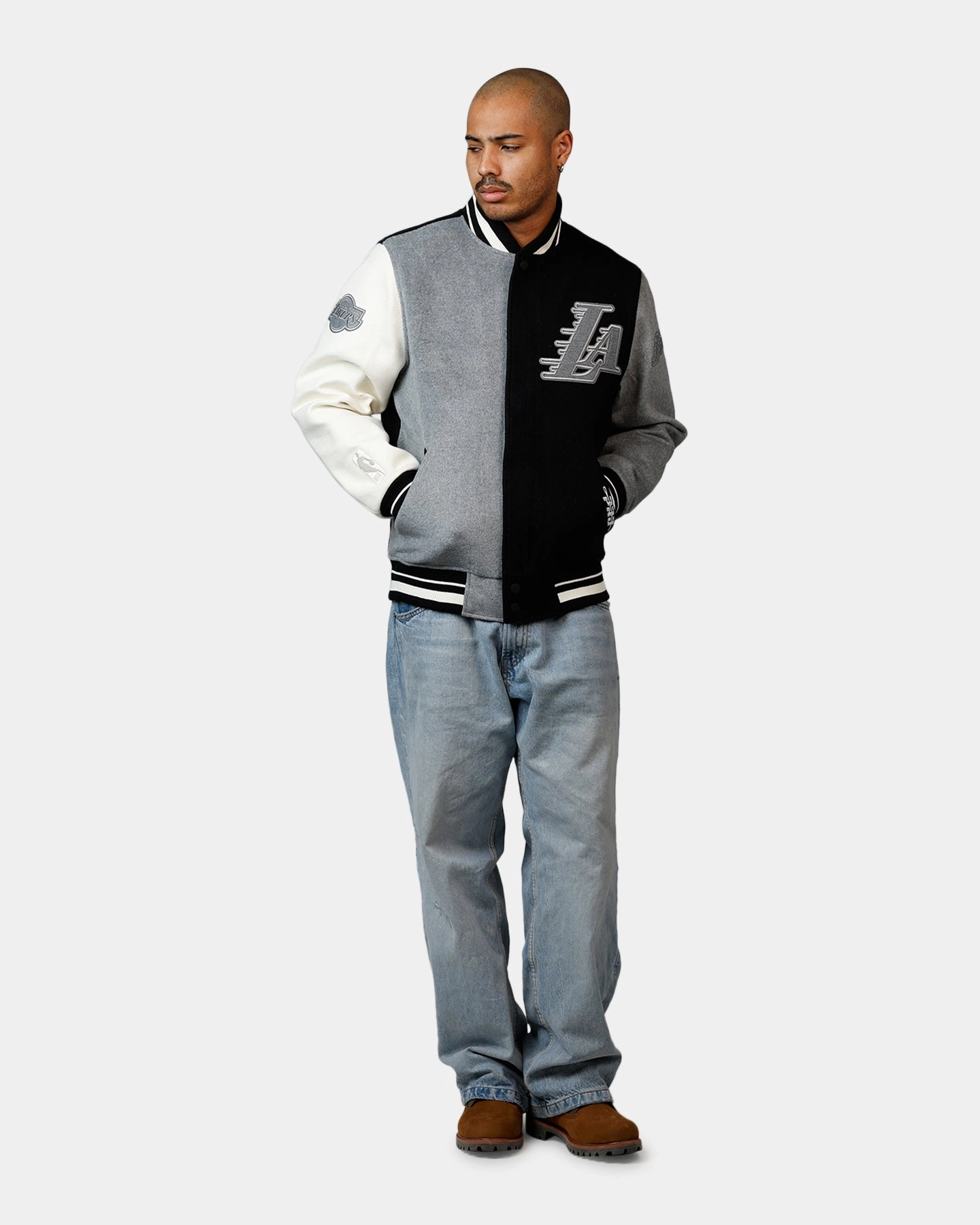 AdjustableHood Pro Standard Los Angeles Lakers Reverse French Terry Wool Varsity Jacket Black/Grey