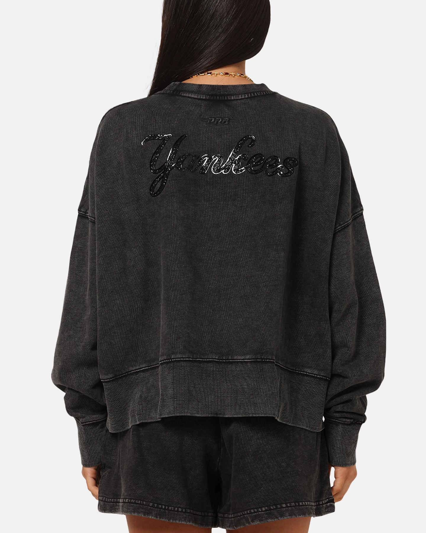 Pro Standard Women's New York Yankees Washed Crystaline Crewneck Washed Black Waterproof Shell Eco Friendly Coatings