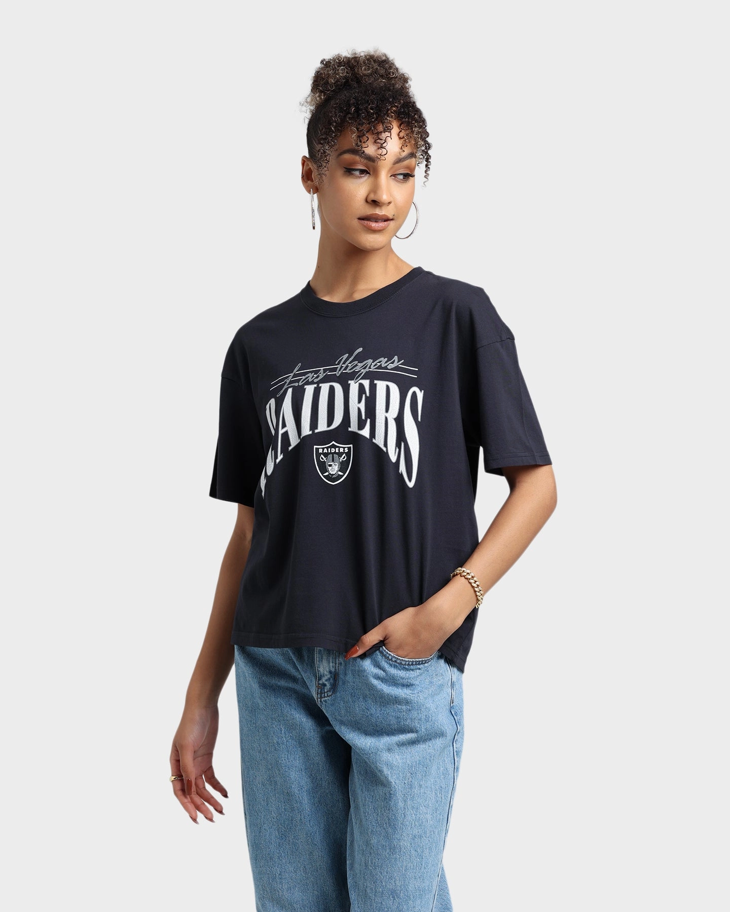 Majestic Athletic Women's Las Vegas Raiders Vintage NFL Logo T-Shirt Faded Black Ultra Soft Finish