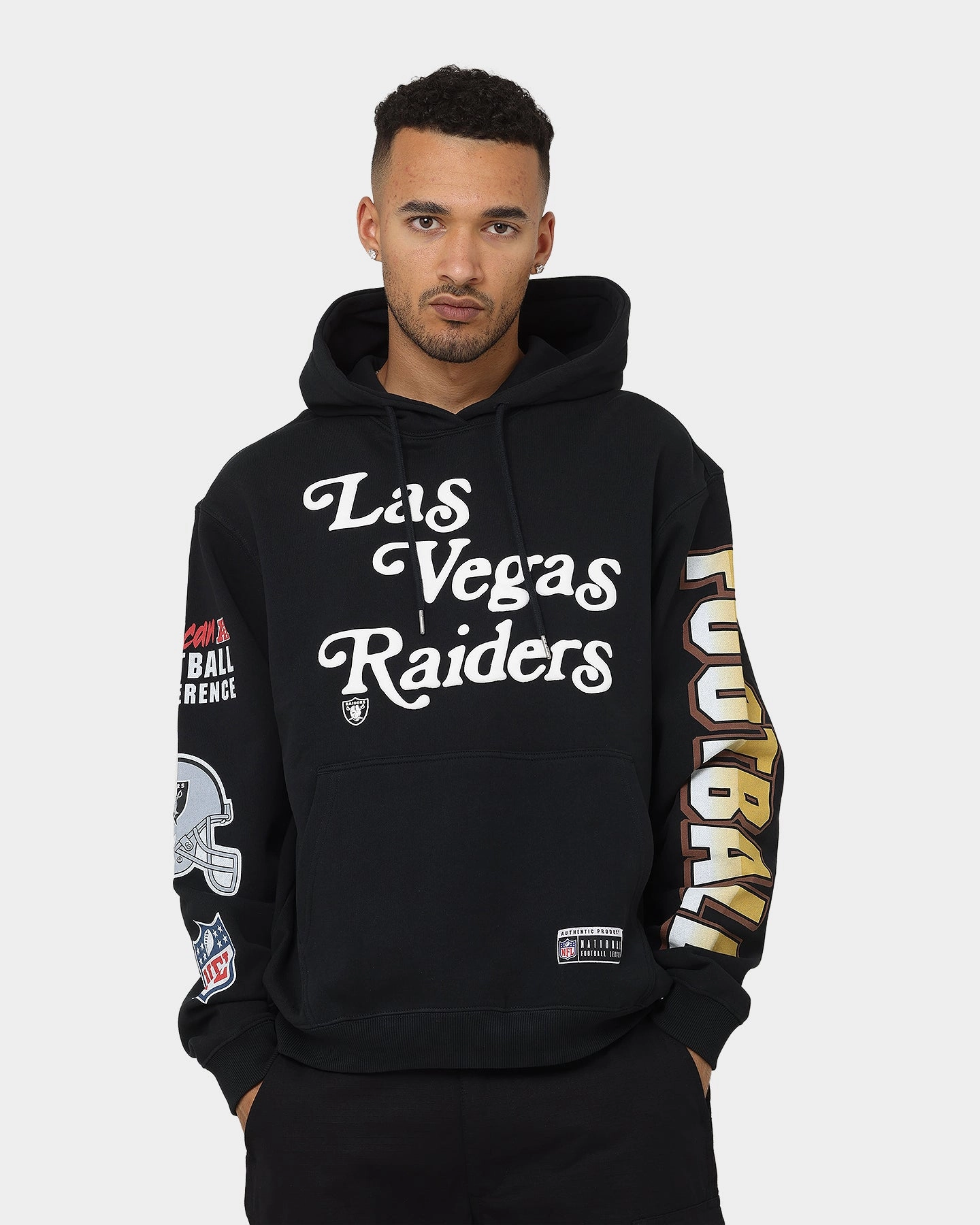 Majestic Athletic Las Vegas Raiders Puff Print Patch Hoodie Faded Black Adjustable Drawstring Waist snowy