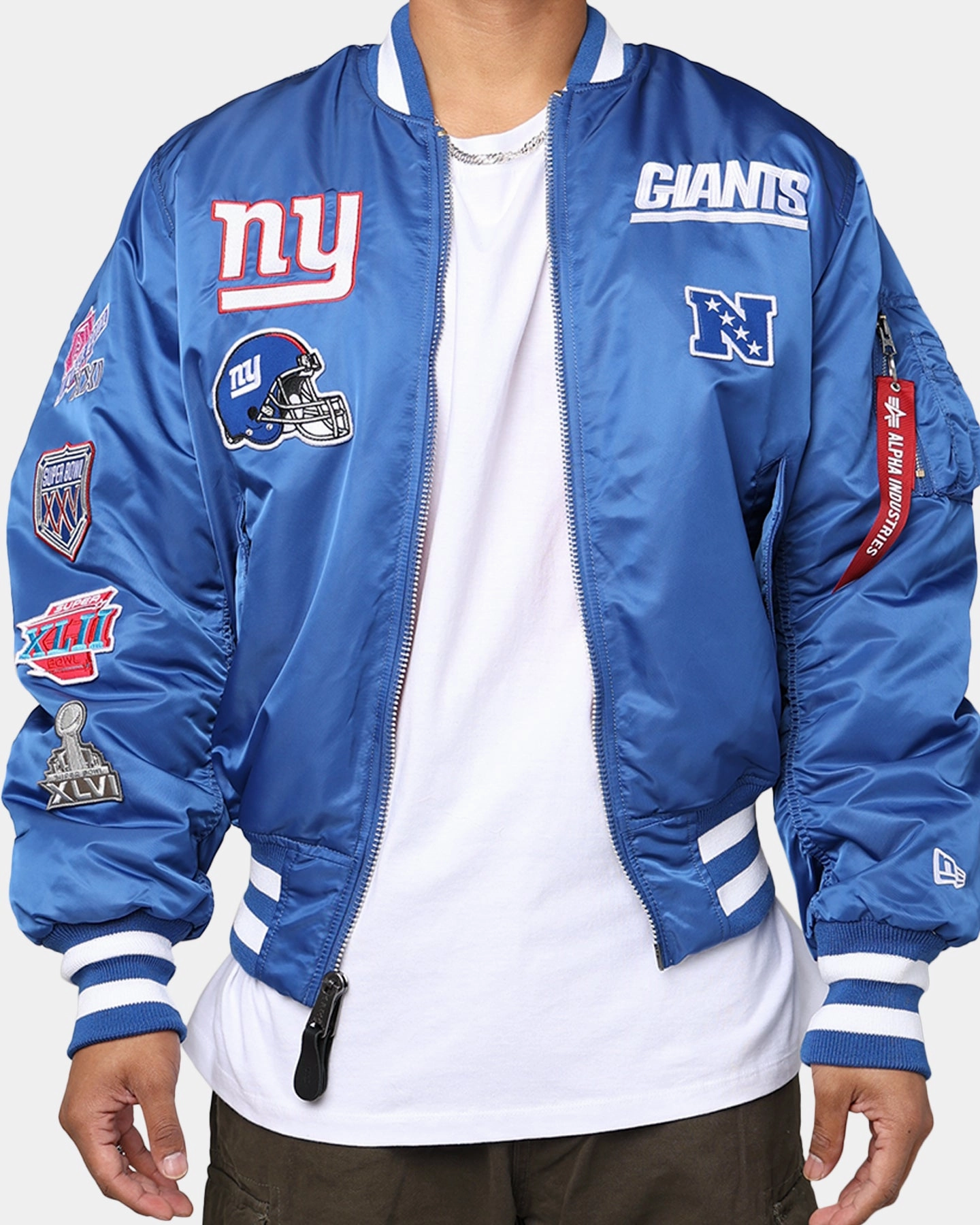 New Era X Alpha Series X NFL New York Giants MA-1 Bomber Jacket Royal/Red SeamSealed Construction