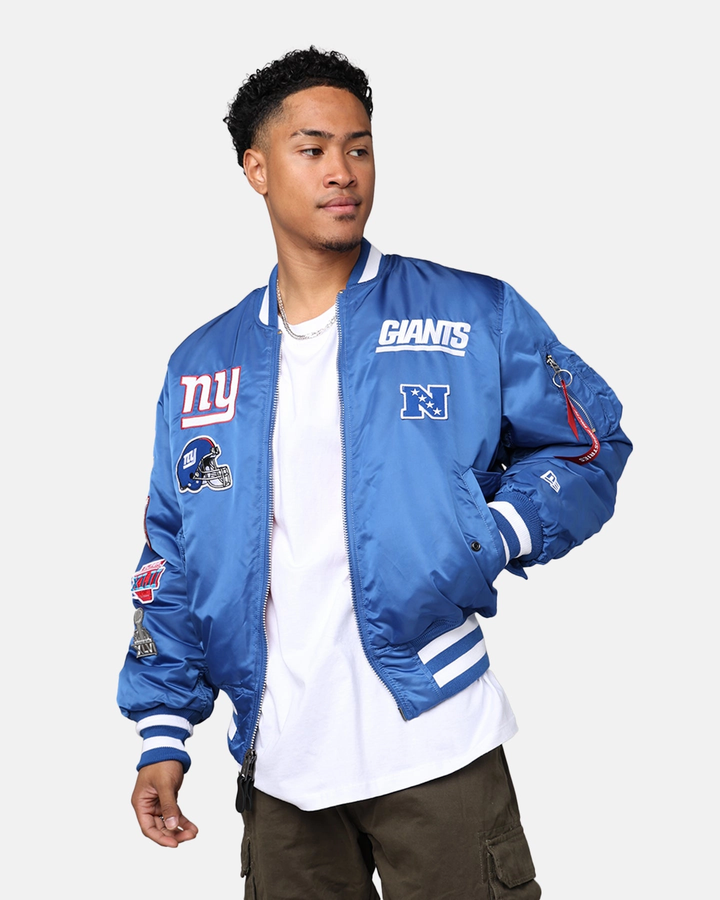 New Era X Alpha Series X NFL New York Giants MA-1 Bomber Jacket Royal/Red Adaptive Climate Control Performance Jacket