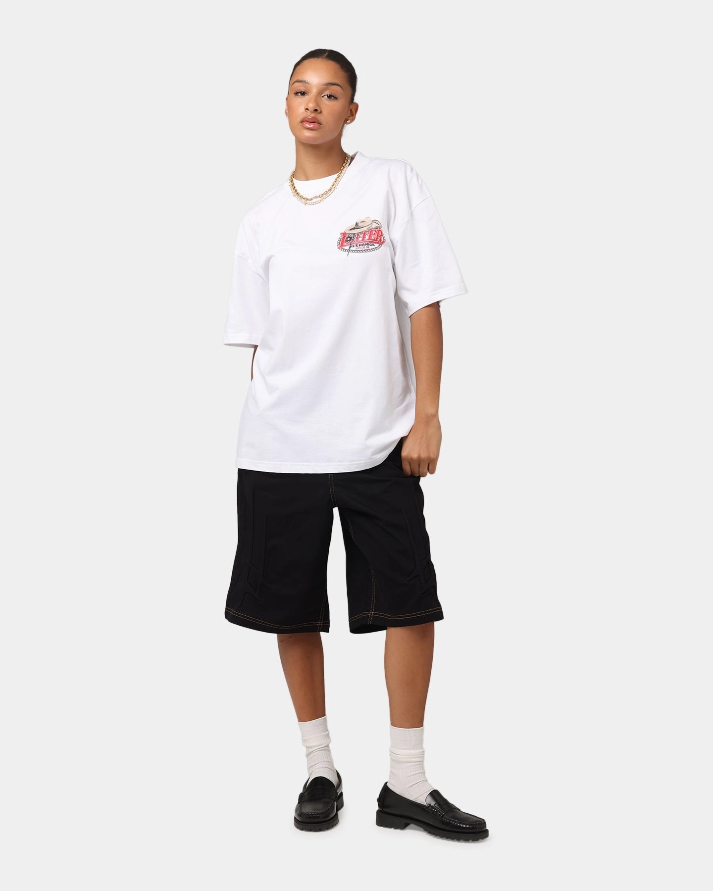 DoubleStitched Seams Loiter Mechanic Drop T-Shirt White