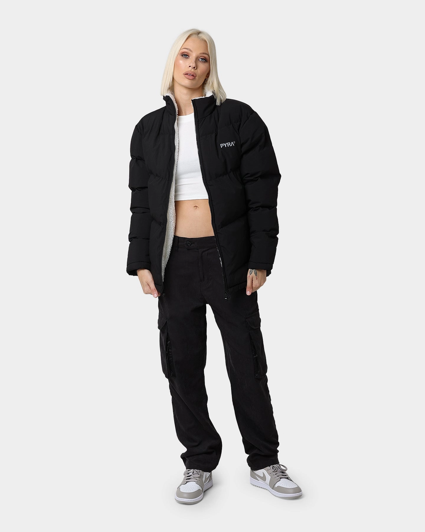 Heat Retention All Purpose Outerwear PYRA Sherpa Puffa Jacket Black/White
