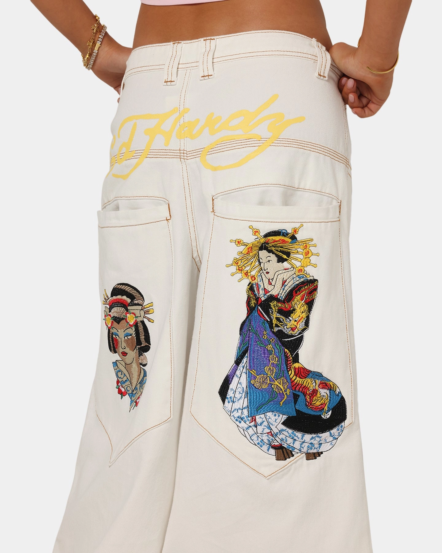 Ed Hardy Ultra Wide Leg Denim Jeans Off White/Yellow Casual Energy Night Out City Walk Minimalist