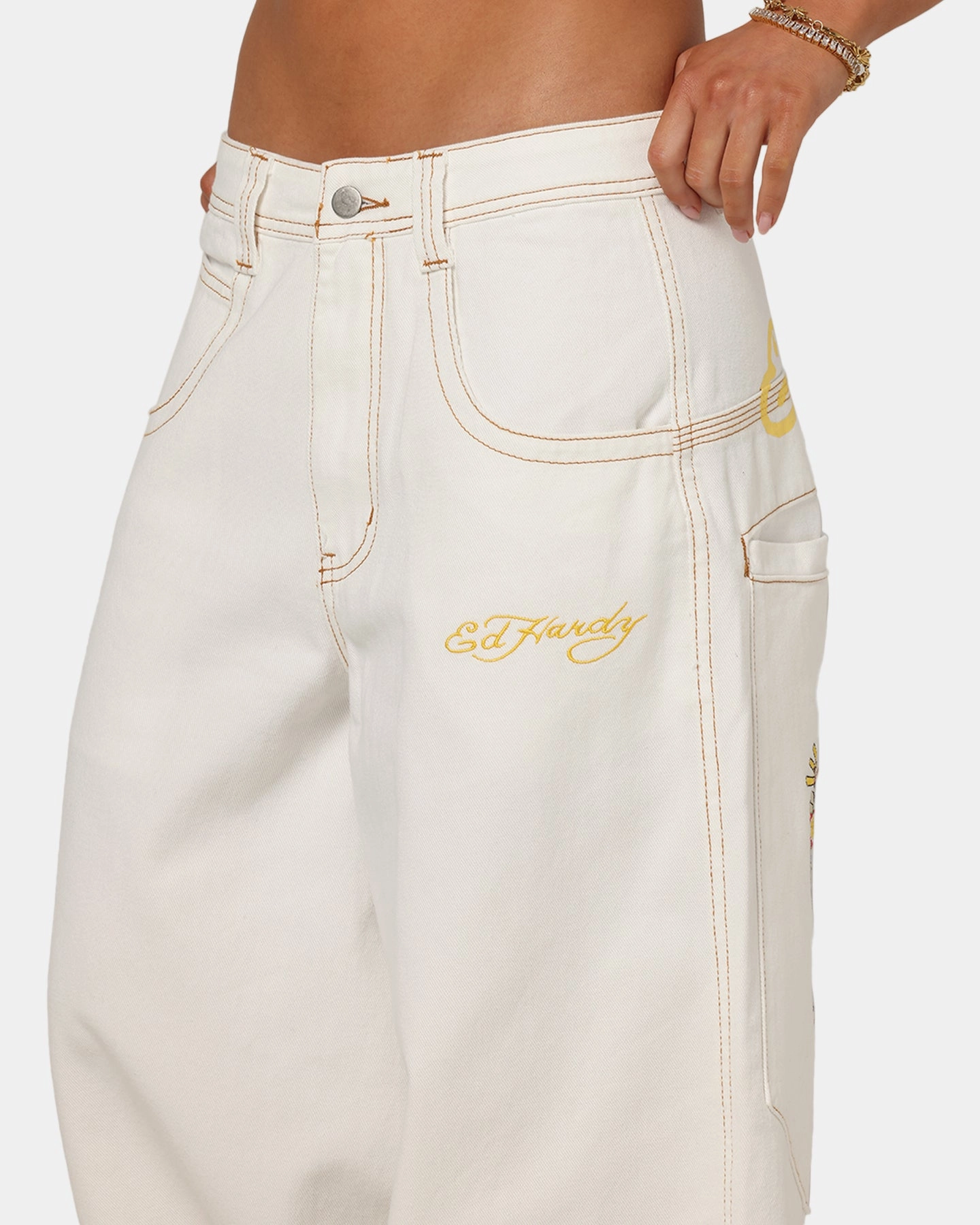 Ed Hardy Ultra Wide Leg Denim Jeans Off White/Yellow Vintage Lover Teen Outfit