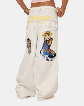 Ed Hardy Ultra Wide Leg Denim Jeans Off White/Yellow Casual Edge