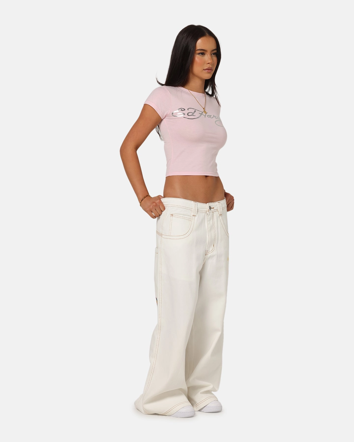 Laidback Style Multi Pocket Utility Ed Hardy Ultra Wide Leg Denim Jeans Off White/Yellow