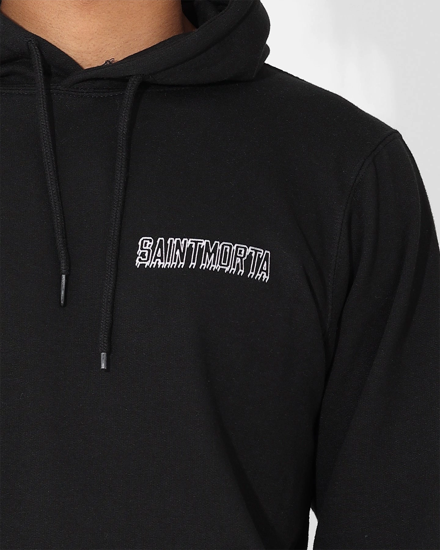Saint Morta College Drip Hoodie Black Adjustable Cuffs Box