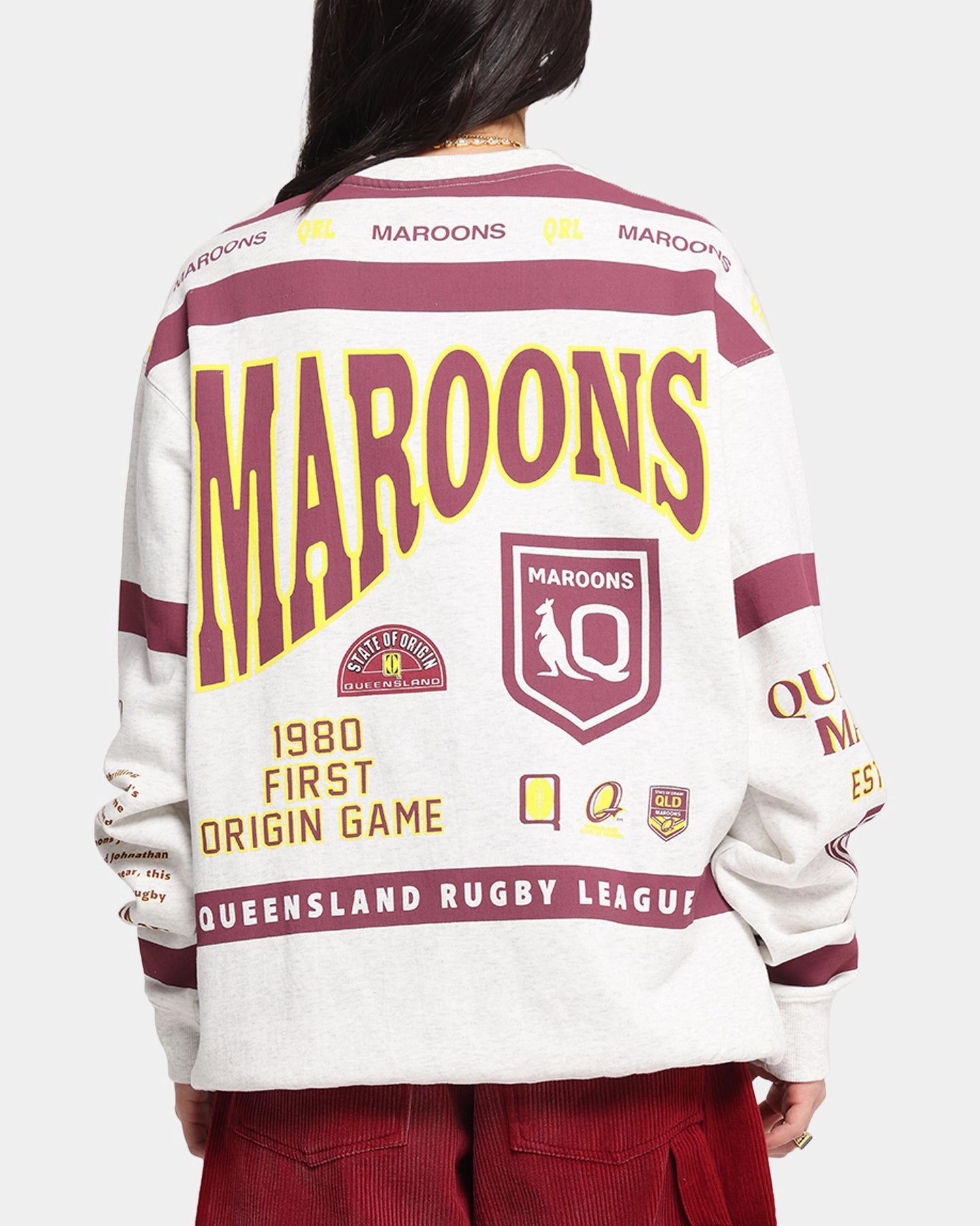 Heat Sealed Edges StretchableMaterial Queensland Rugby League Queensland Maroons Team Crewneck Silver Marle
