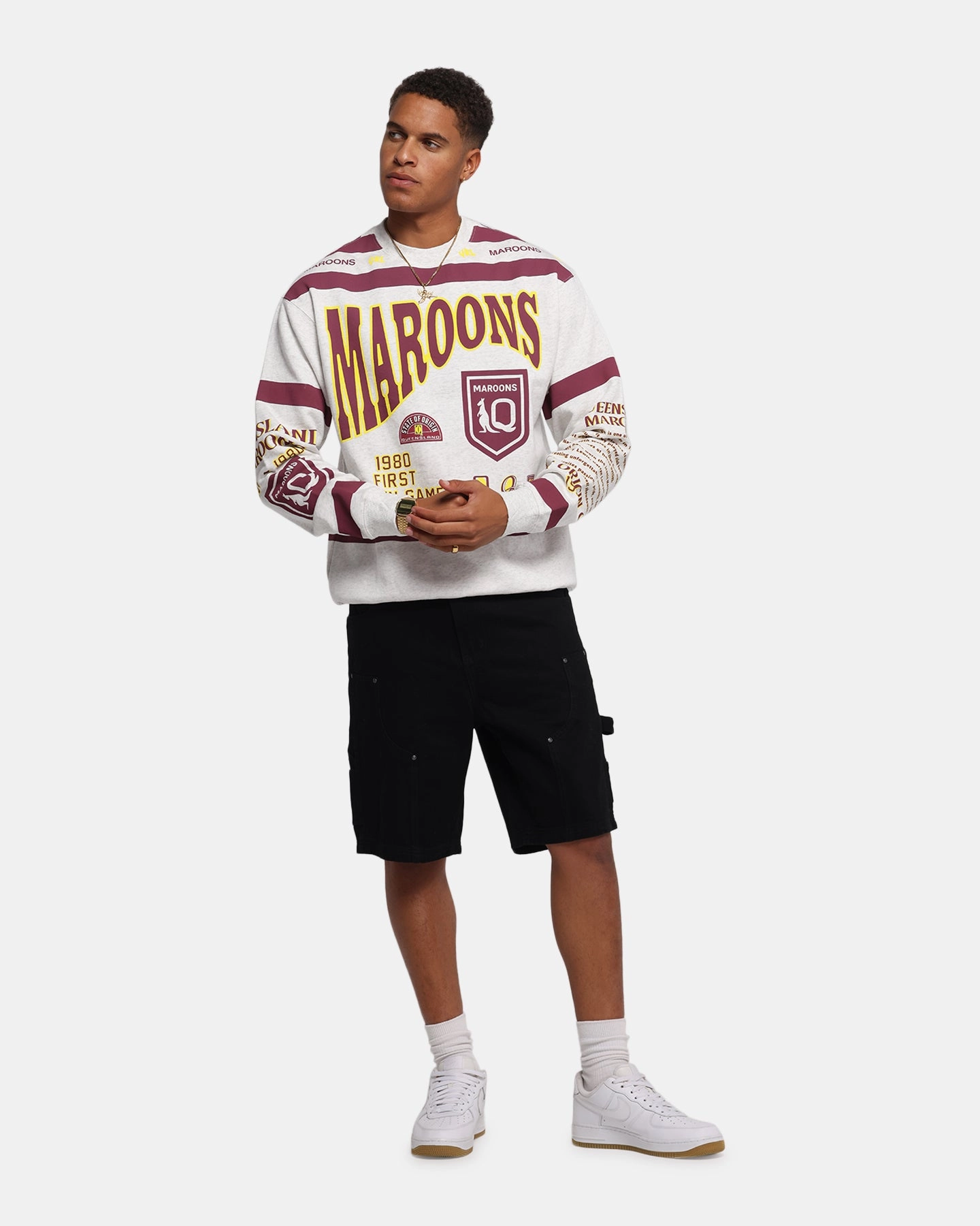 Queensland Rugby League Queensland Maroons Team Crewneck Silver Marle Laser Cut Vents Evening Chill Piece