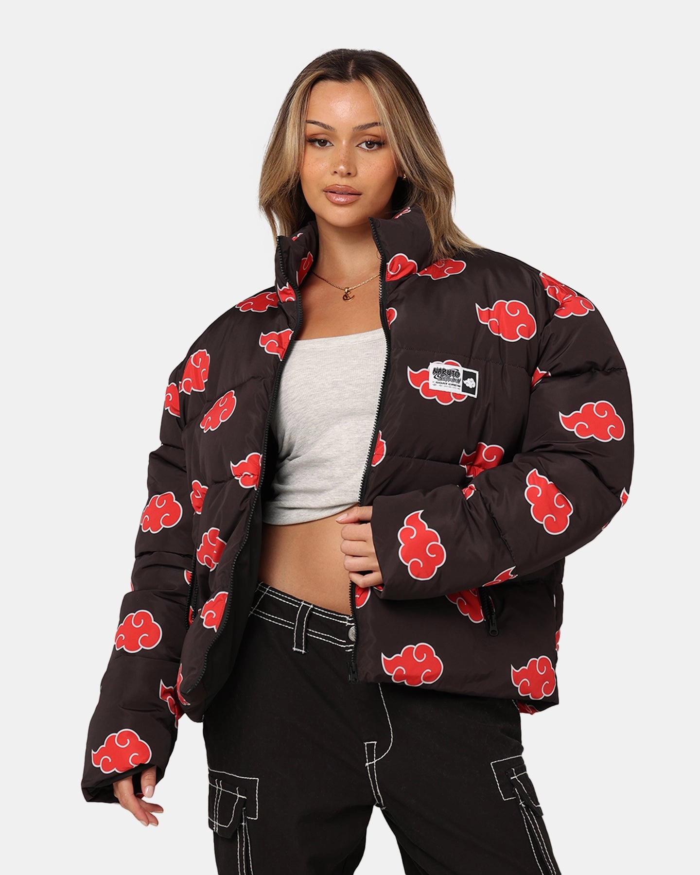 Goat Crew X Naruto Akatsuki Puffer Jacket Black Laser Cut Perforations Hiking Jacket