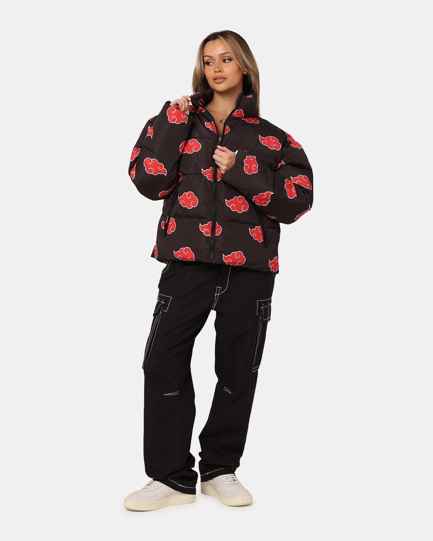 Travel-Ready Gear Symbol Goat Crew X Naruto Akatsuki Puffer Jacket Black