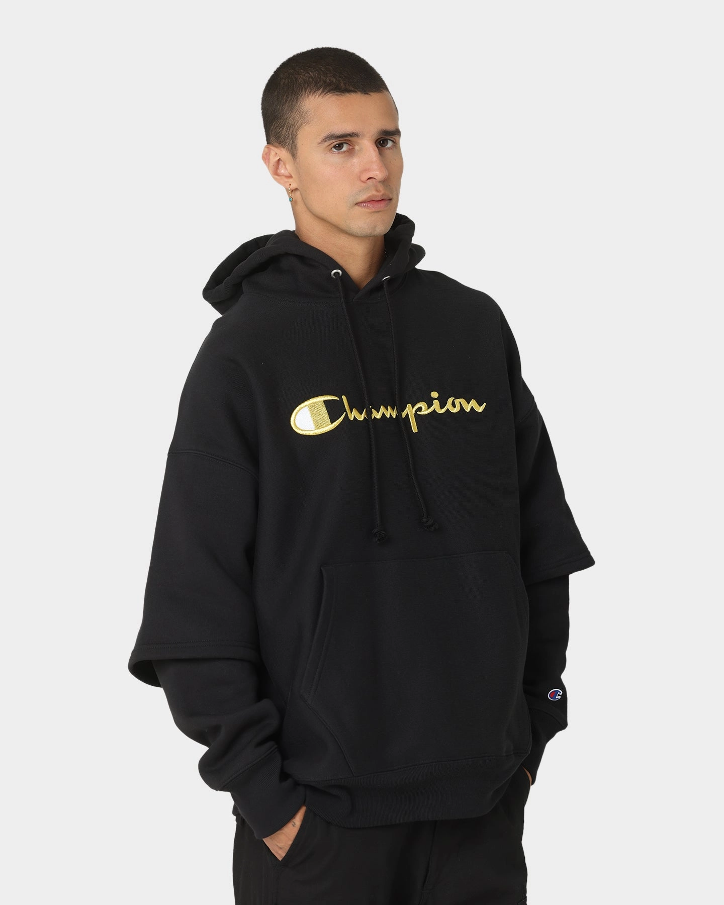 Sporty Fit Glamour Champion Reverse Weave Double Layer Hoodie Black/Gold