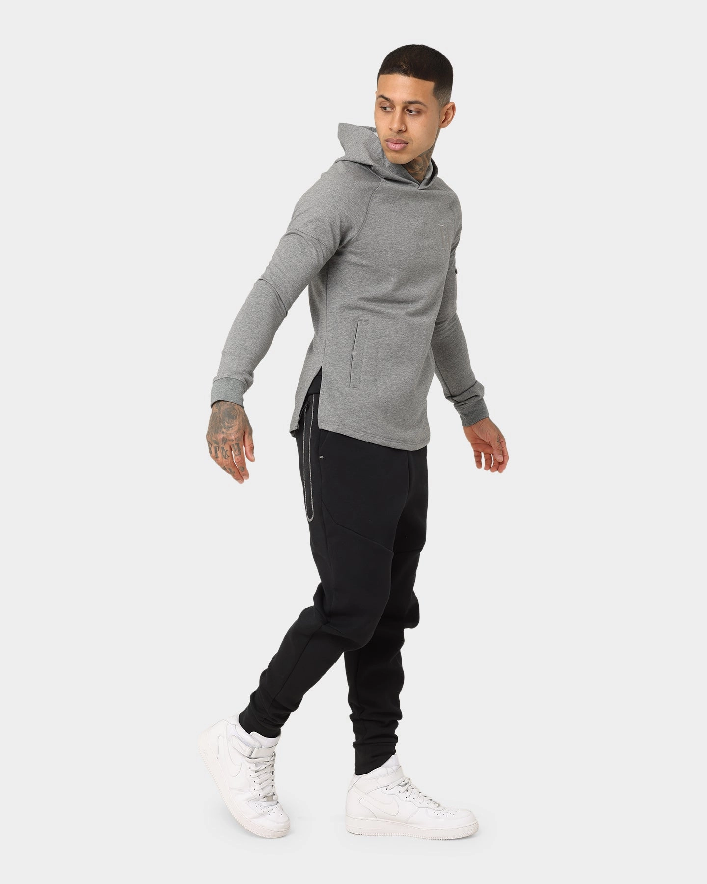 Emperor Apparel EA Strength Hoodie Dark Grey Heather Articulated Seams rainy
