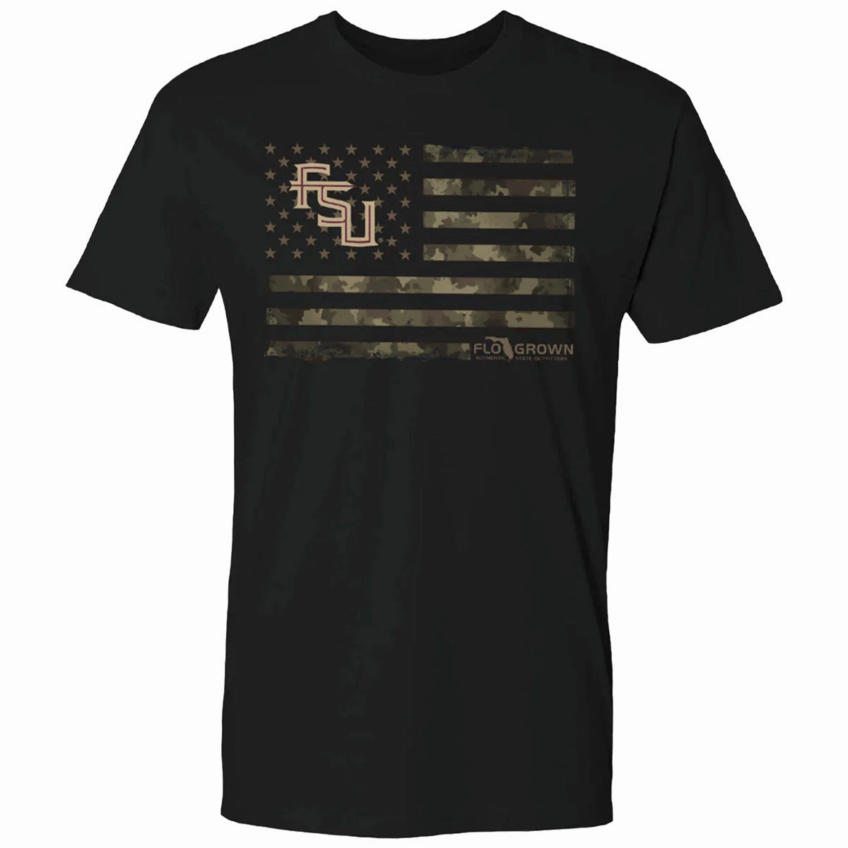Fun and Comfortable Versatile Look Flogrown Men's Stacked FSU Camo Flag Design Short Sleeve T-shirt - Black