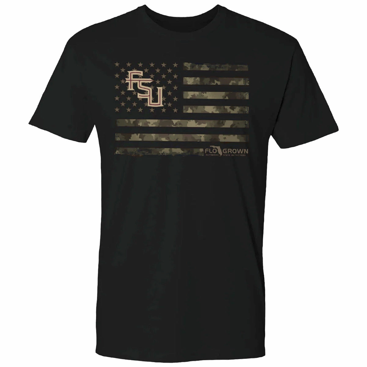 Flogrown Men's Stacked FSU Camo Flag Design Short Sleeve T-shirt - Black Contrast Inner Binding