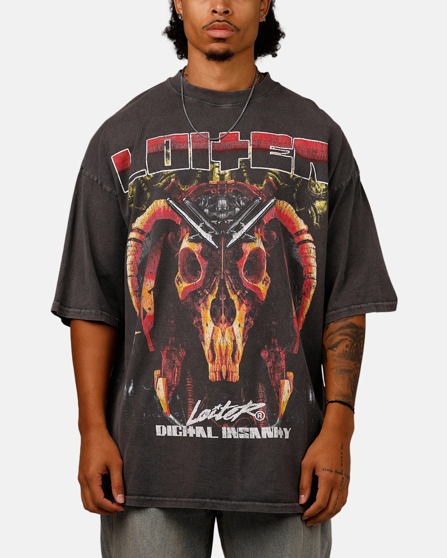 Loiter Digital Insanity Vintage Mock T-Shirt Charcoal Slim Fit Cut Weekend Smart
