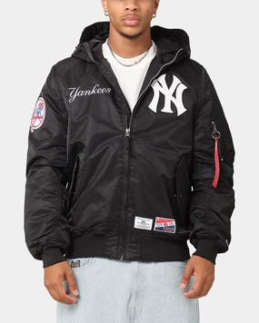 Stretch Fabric Minimalist Aesthetic New Era New York Yankees Alpha Industries L-2B Hooded Bomber Jacket Black