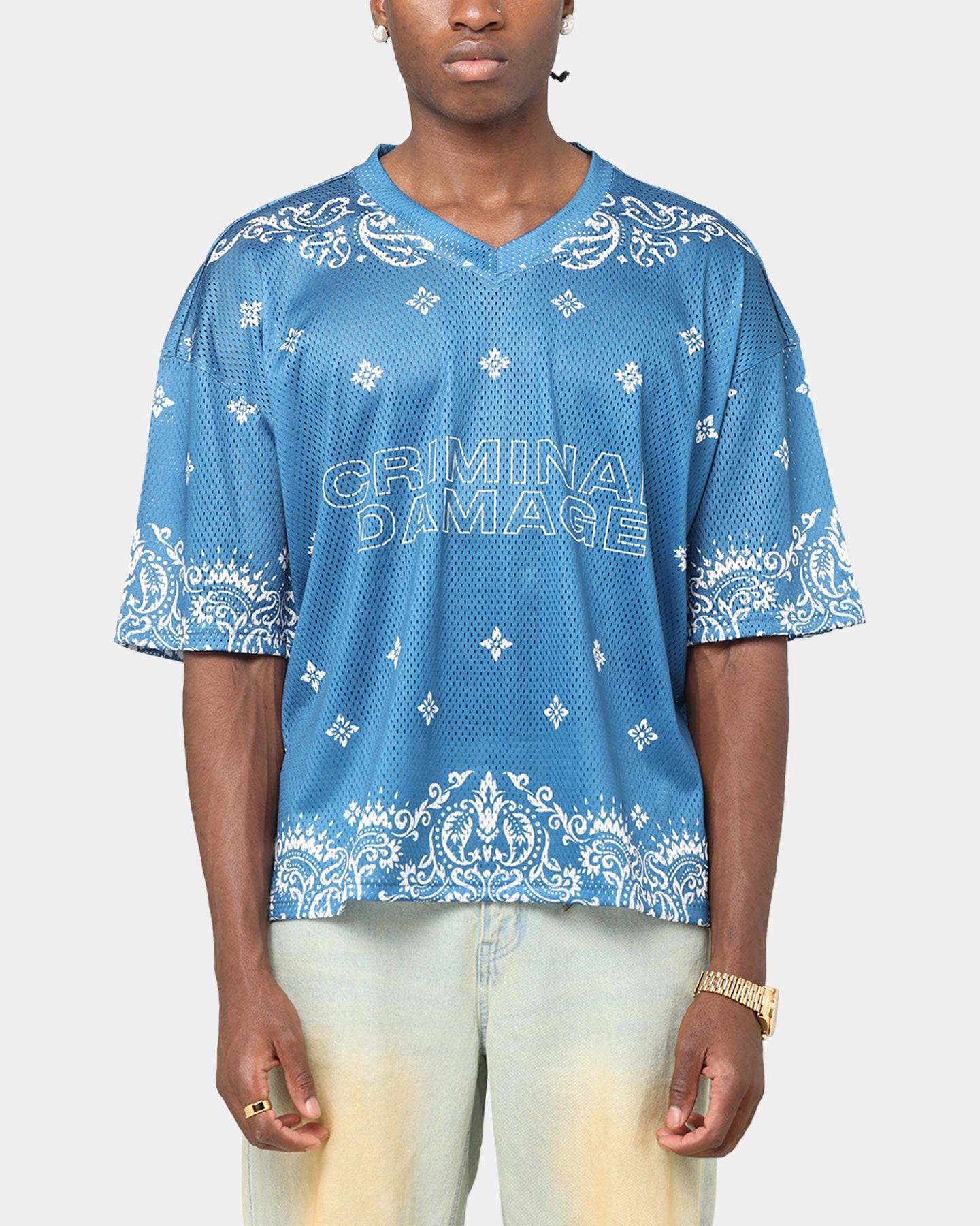 Quick Drying Performance Material Eco Friendly Fabric Blends Criminal Damage Paisley Mesh Top Blue/White