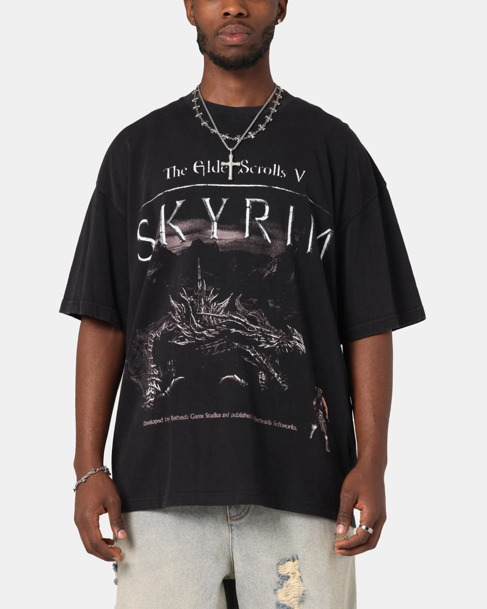Hygroscopic Fiber 73 Studio X The Elder Scrolls V: Skyrim Aludin Vintage T-Shirt Black Acidwash