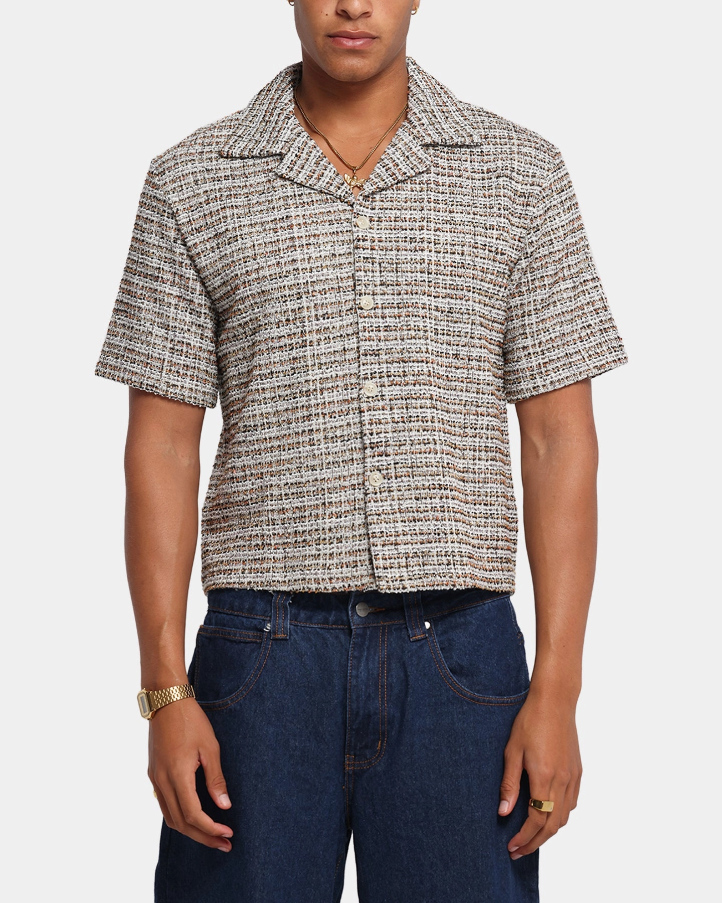XXIII Boucle Tweed Crop Button Up Shirt Cream/Brown Wrinkle Resistant Finish