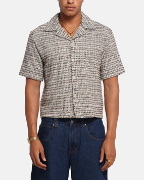 XXIII Boucle Tweed Crop Button Up Shirt Cream/Brown Wrinkle Resistant Finish