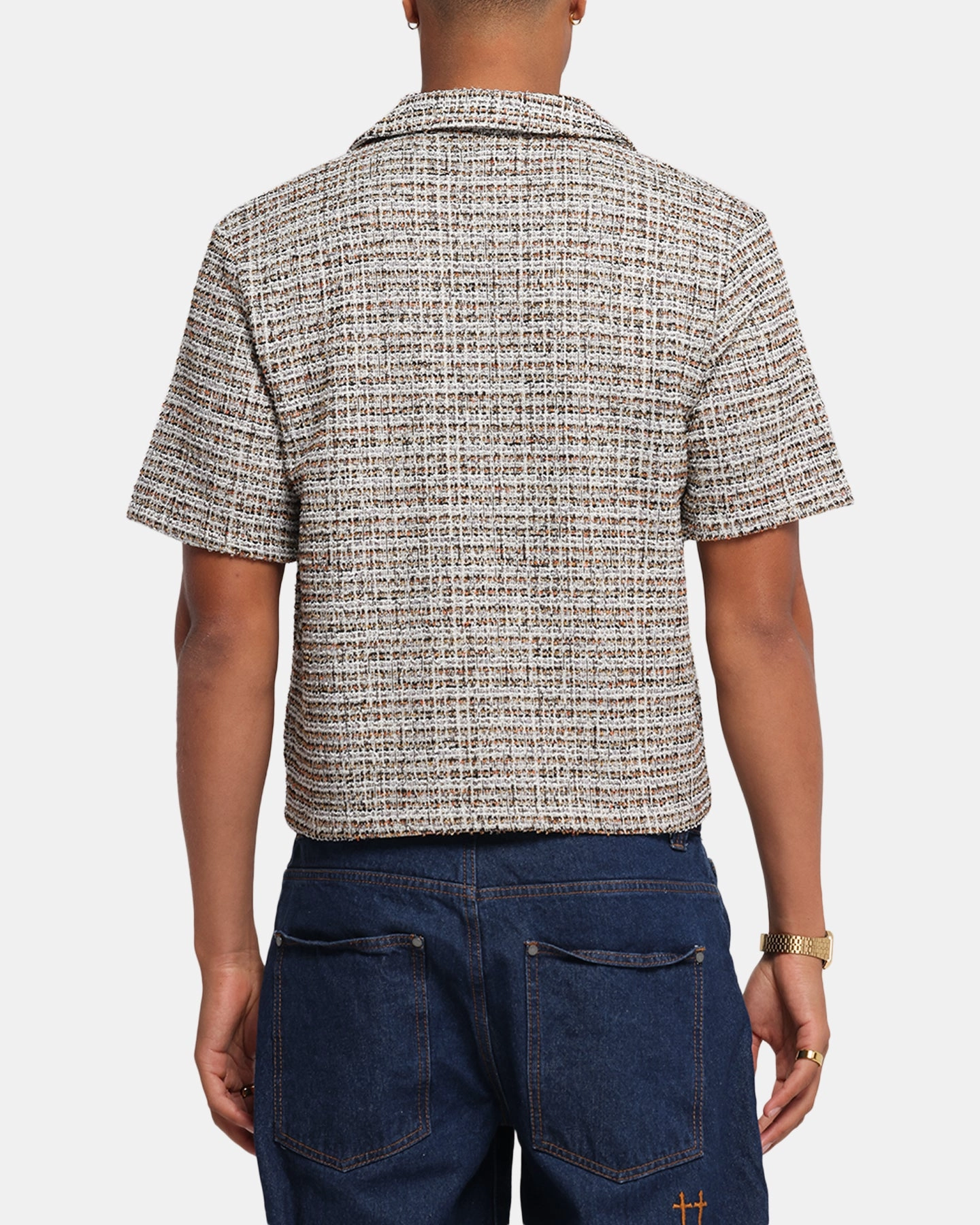 Structured Shoulder Support XXIII Boucle Tweed Crop Button Up Shirt Cream/Brown