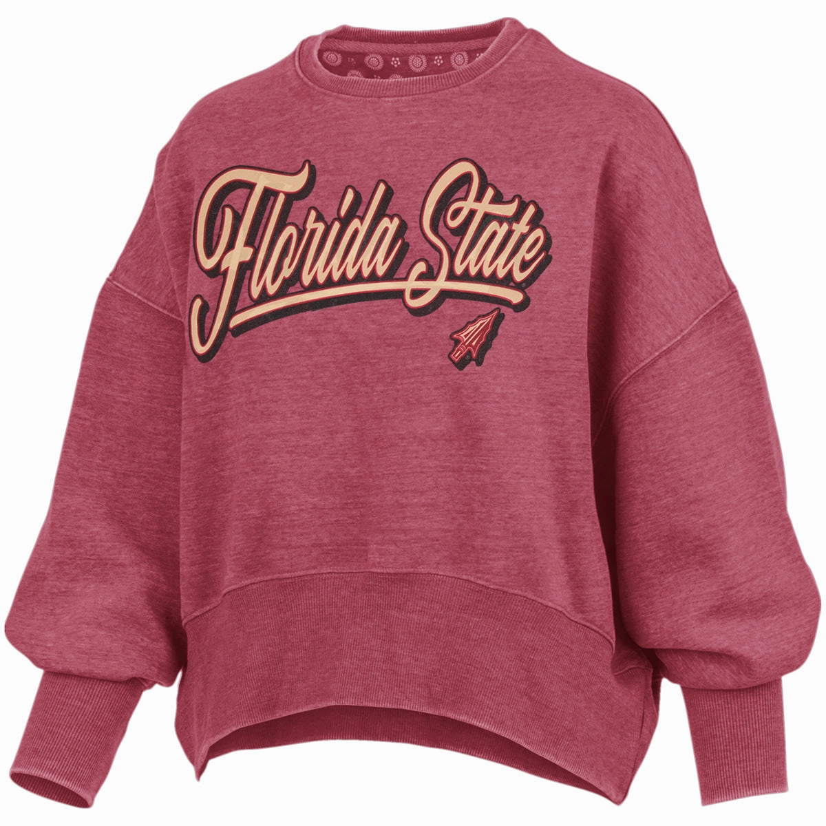 Abrasion Resistant Texture Agricultural - useful Pressbox Women's Florida State Arrowhead Design Dolman Sleeve Crew Fleece - Garnet