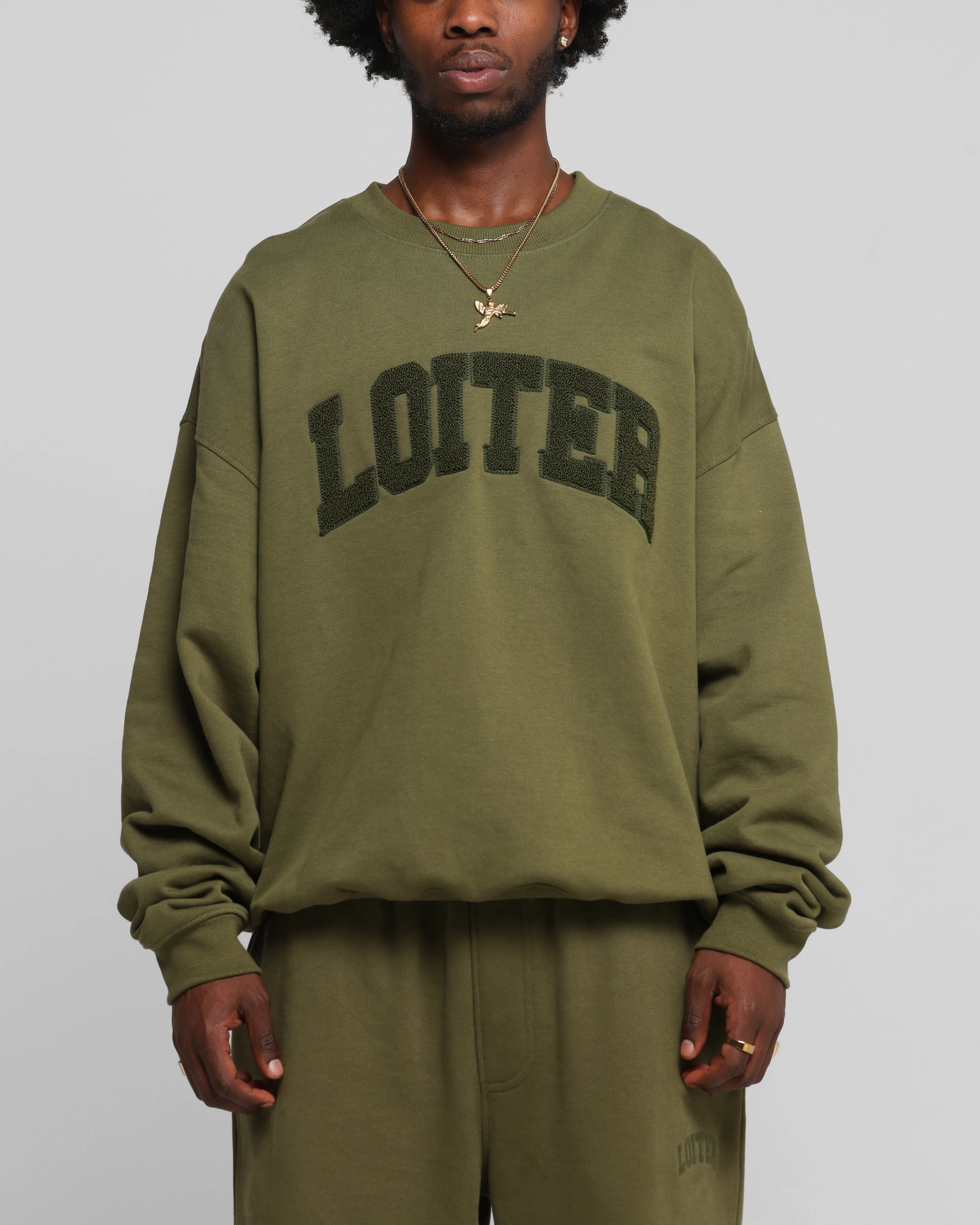 Loiter Arch Premium Crewneck Khaki Long Length Hooded Comfort Fit