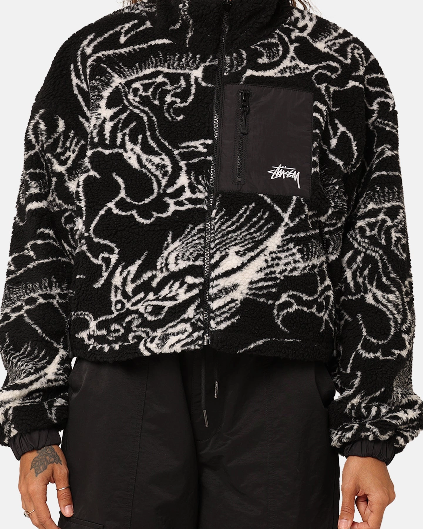 Stussy Women's Dragon Reversible Work Jacket Black Compression Strap Adjustment