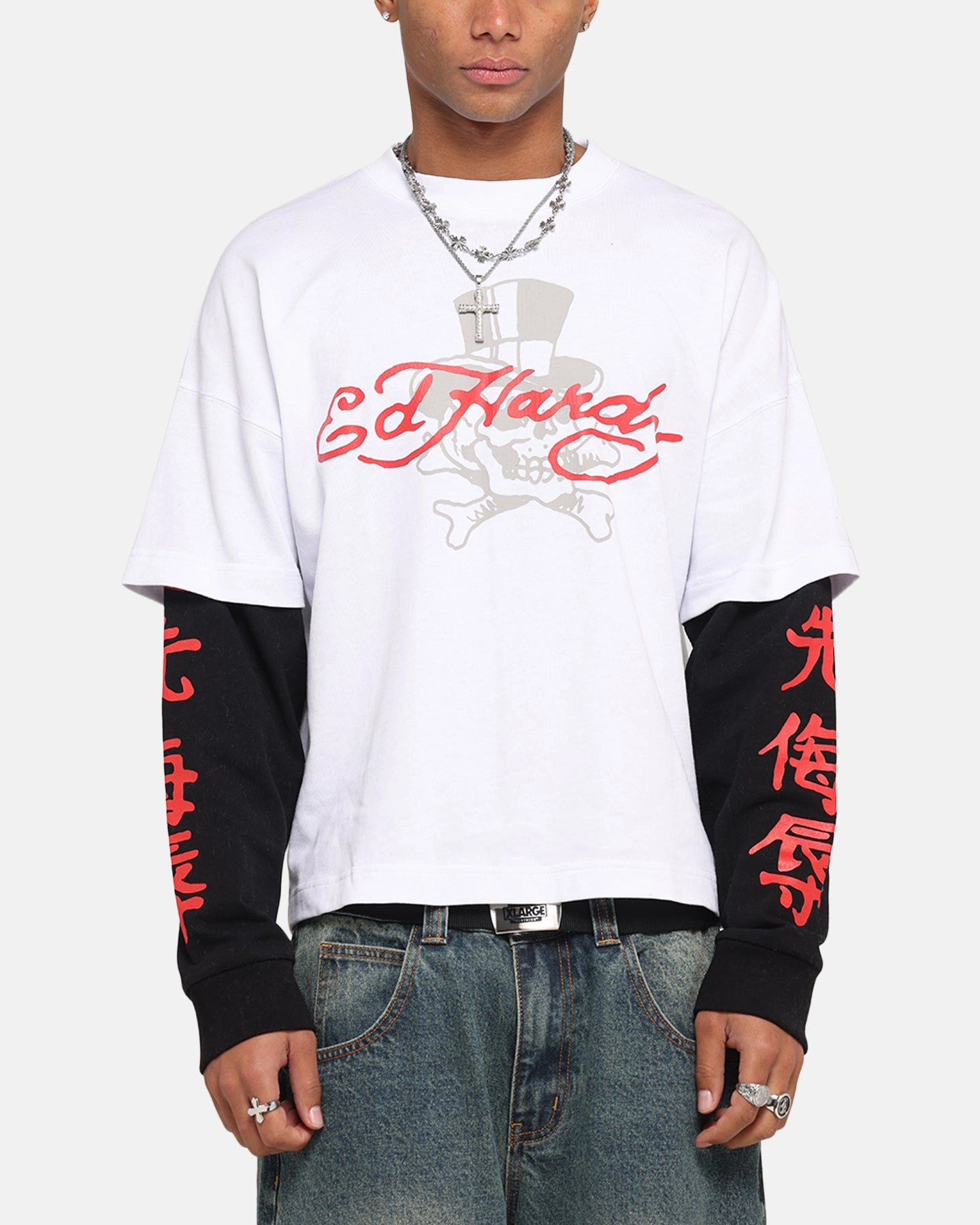 Light Style Ed Hardy Skull Layered Long Sleeve T-Shirt White