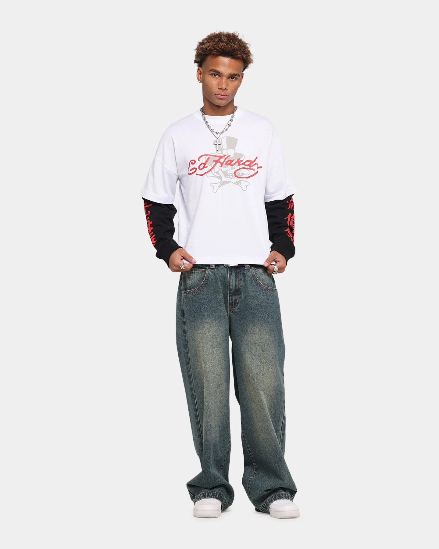Perfect for Vacation Ed Hardy Skull Layered Long Sleeve T-Shirt White