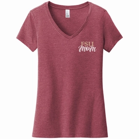 Raw Hem Finish Ragz Women's FSU Mom V-neck Short Sleeve T-shirt - Heathered Garnet