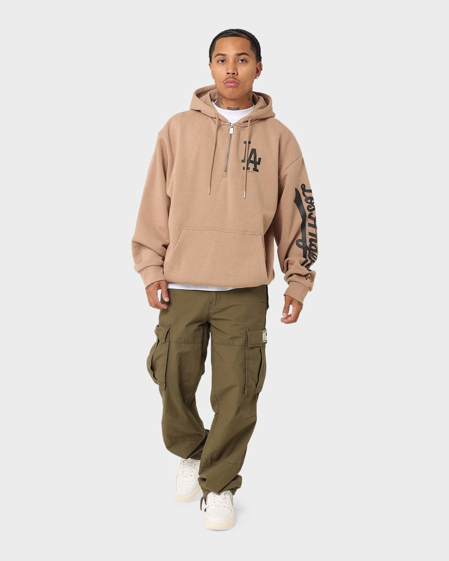 New Era Los Angeles Dodgers Quarter Zip Sleeve Script Hoodie Khaki/Black Flex Stretch Material High-Tech Jacket