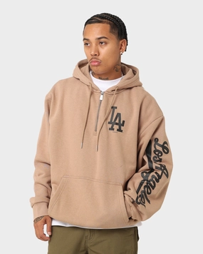New Era Los Angeles Dodgers Quarter Zip Sleeve Script Hoodie Khaki/Black Brush Ergonomic Design