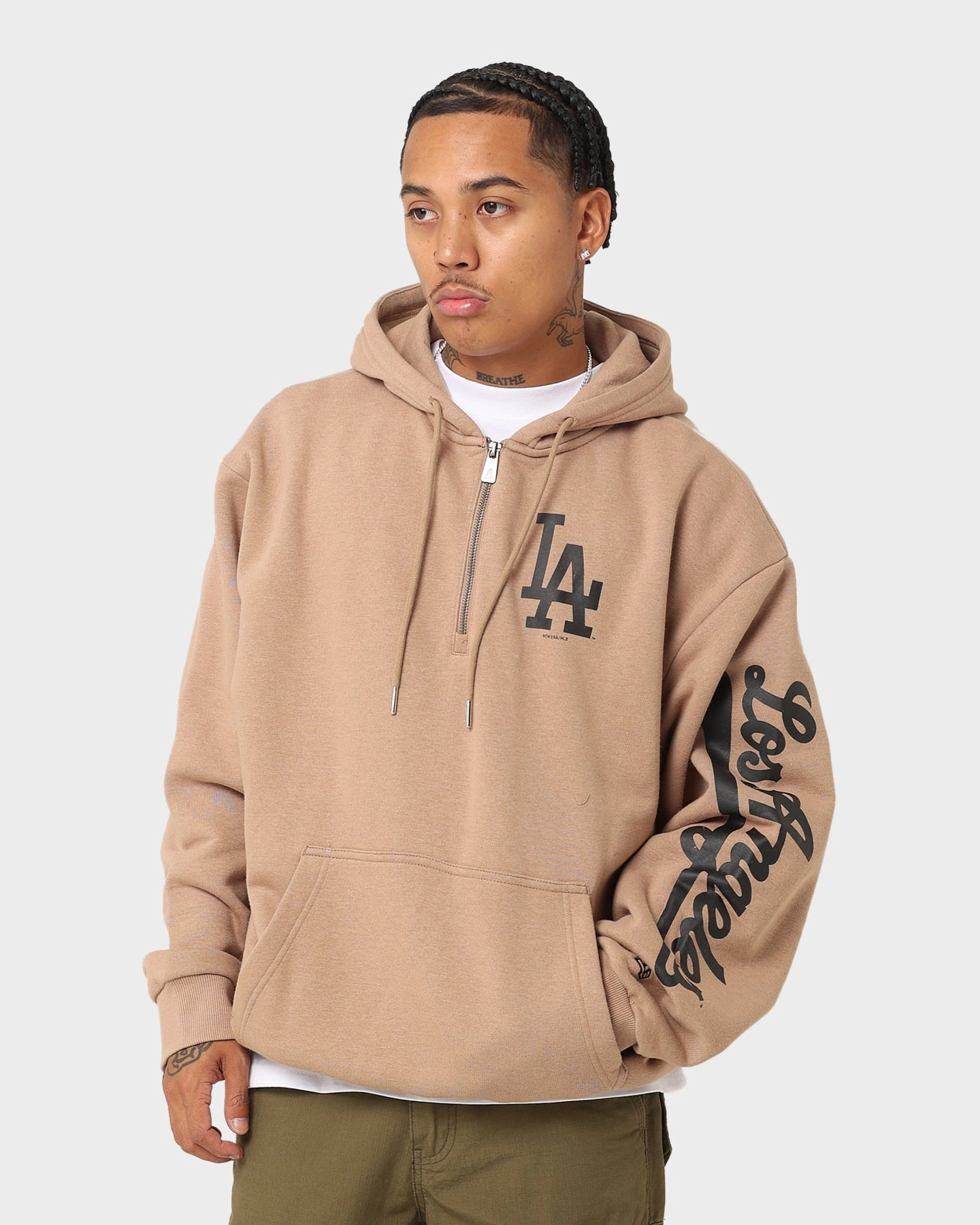 New Era Los Angeles Dodgers Quarter Zip Sleeve Script Hoodie Khaki/Black Brush Ergonomic Design