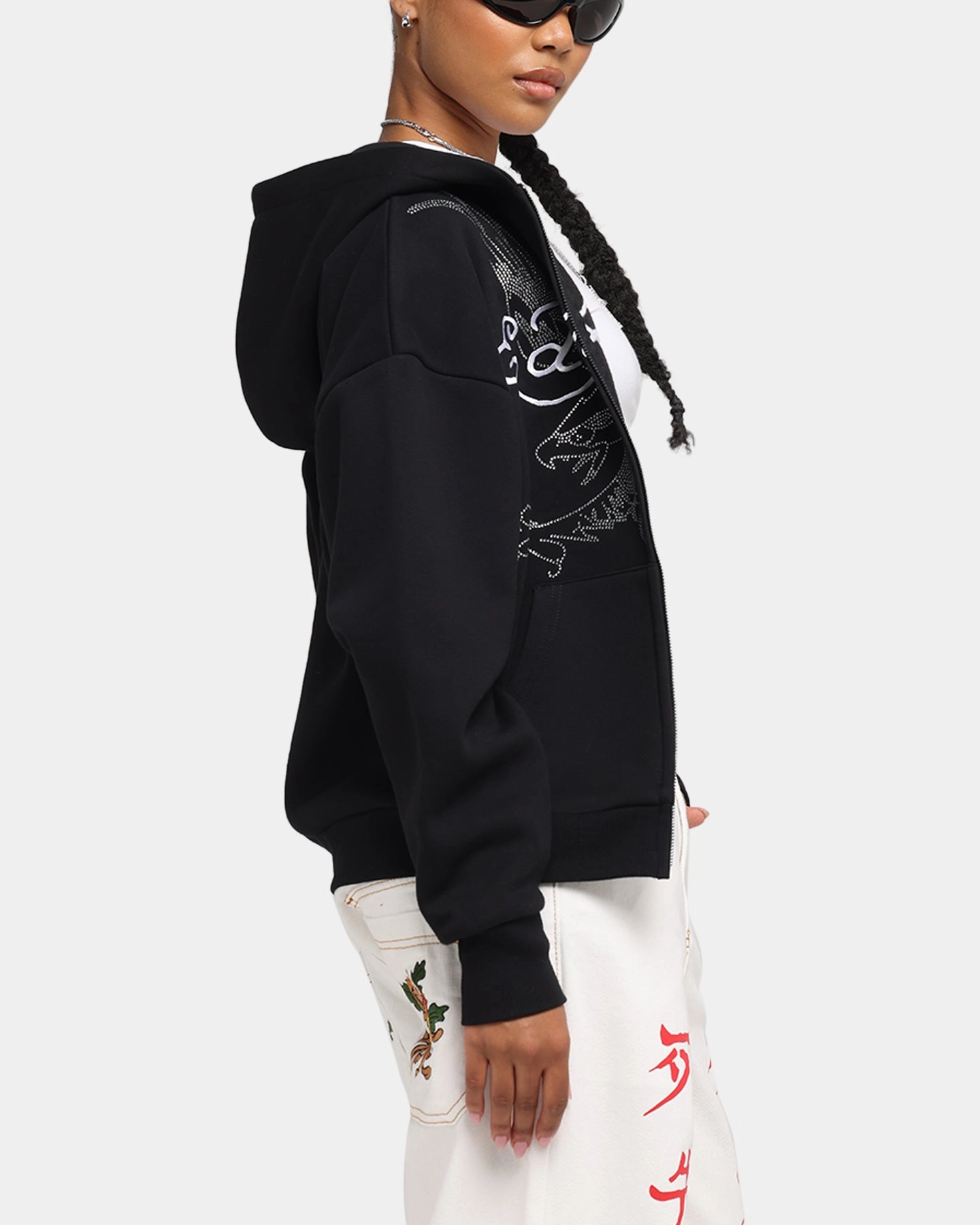 Ed Hardy Eagle Rhinestone Zip Hoodie Black rainy - day gear Sporty Shield