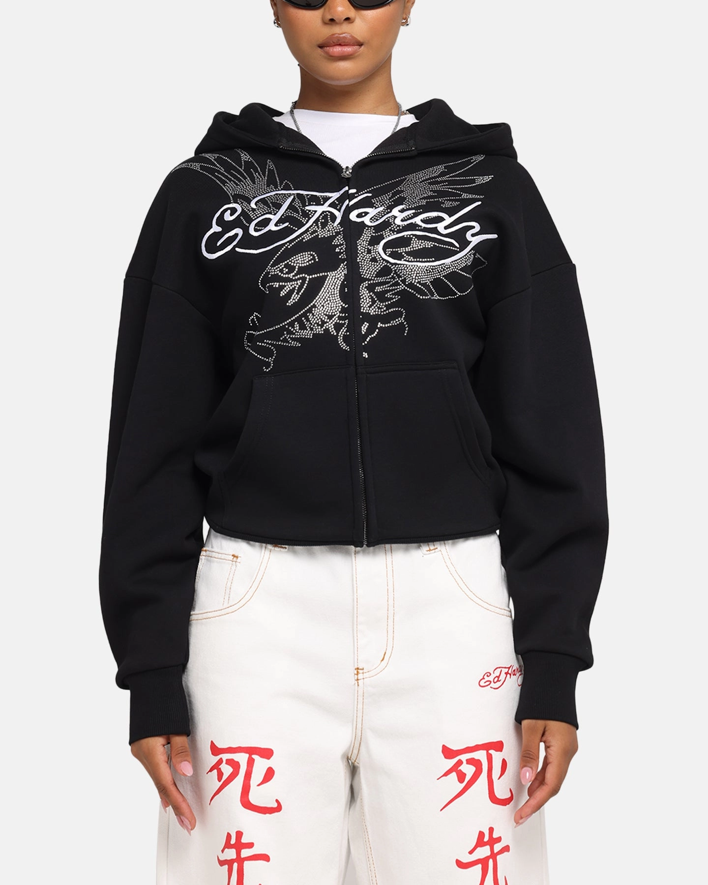 Quilted Lining Ed Hardy Eagle Rhinestone Zip Hoodie Black