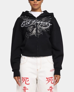 Quilted Lining Ed Hardy Eagle Rhinestone Zip Hoodie Black