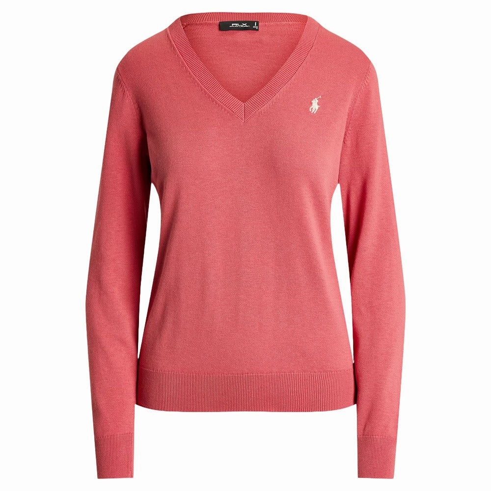 Ralph Lauren Longsleeve Cotton Blend V-Neck Golf Sweater Red Sky - SP25 Women retro look