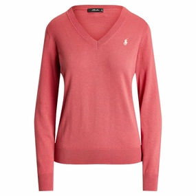 Ralph Lauren Longsleeve Cotton Blend V-Neck Golf Sweater Red Sky - SP25 Women retro look