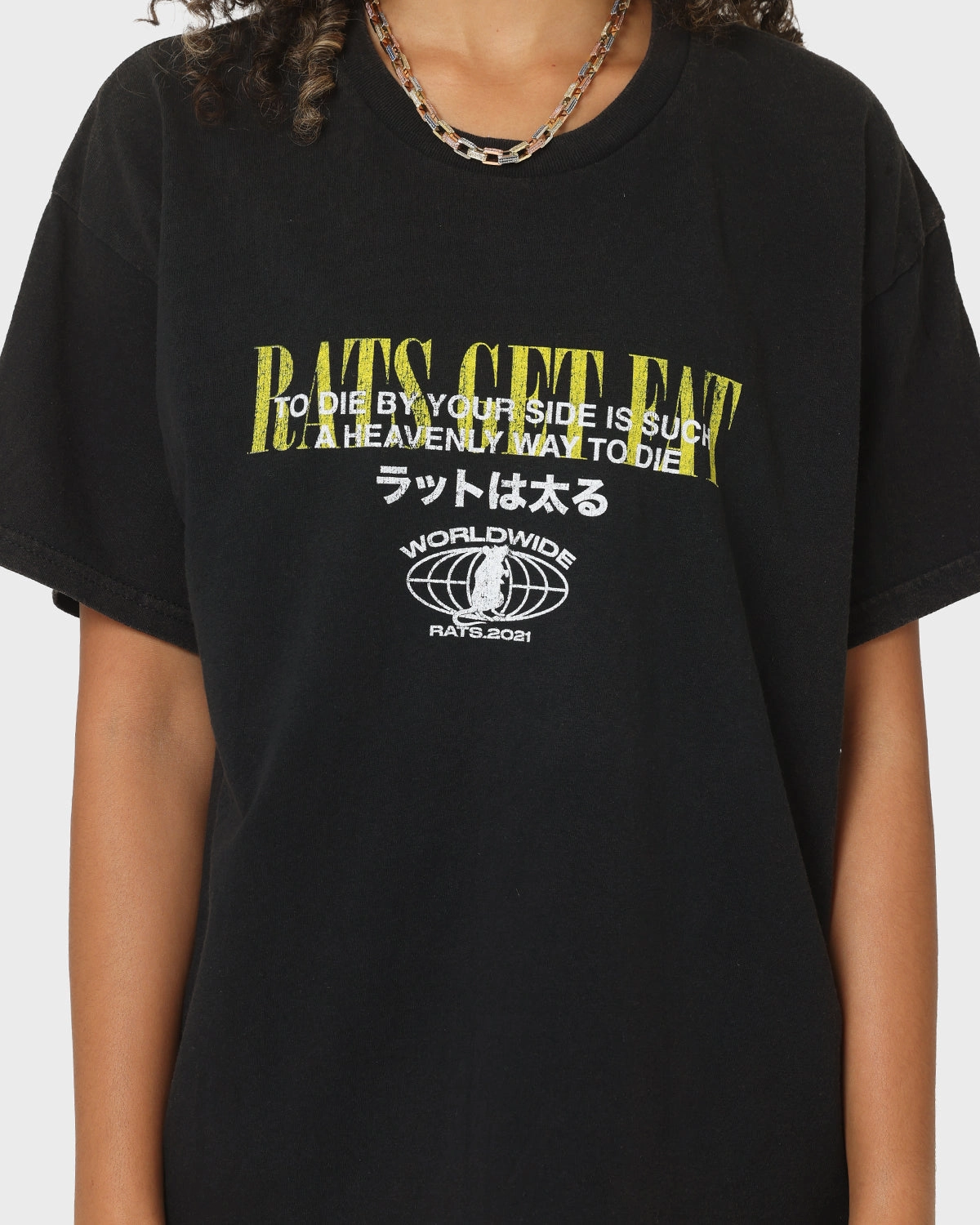 Cross Grain Knit High Quality Rats Get Fat By Your Side Vintage T-Shirt Black Wash