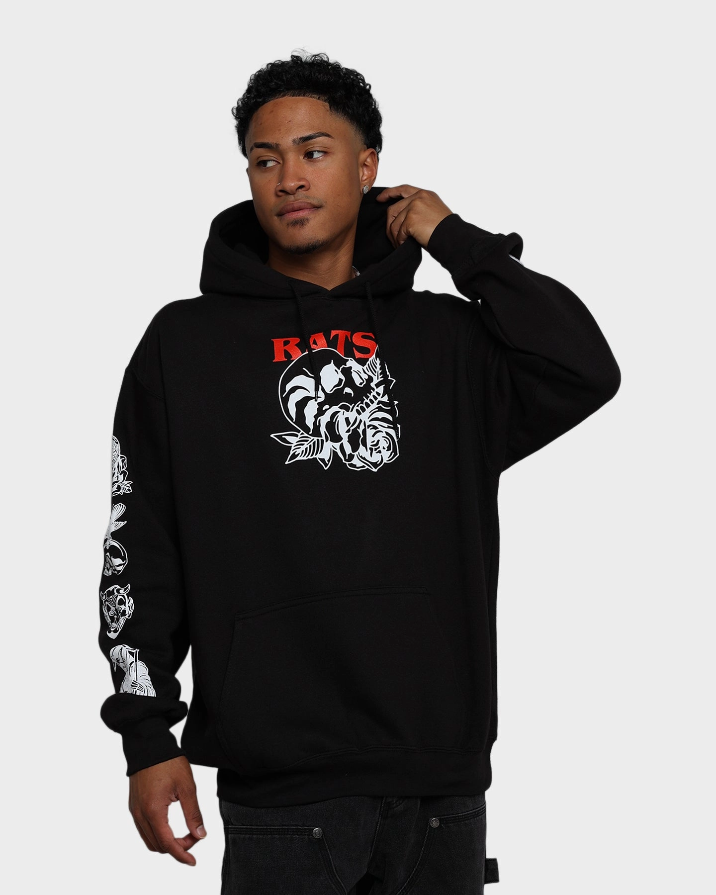 Rats Get Fat Skull Rose Hoodie Black Functional Outerwear Everyday Use